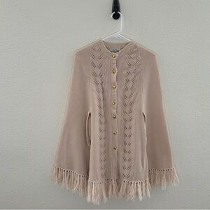 Vintage Leaf Knit Cape Cardigan - Fringe Trim Boho Grandpacore - OS